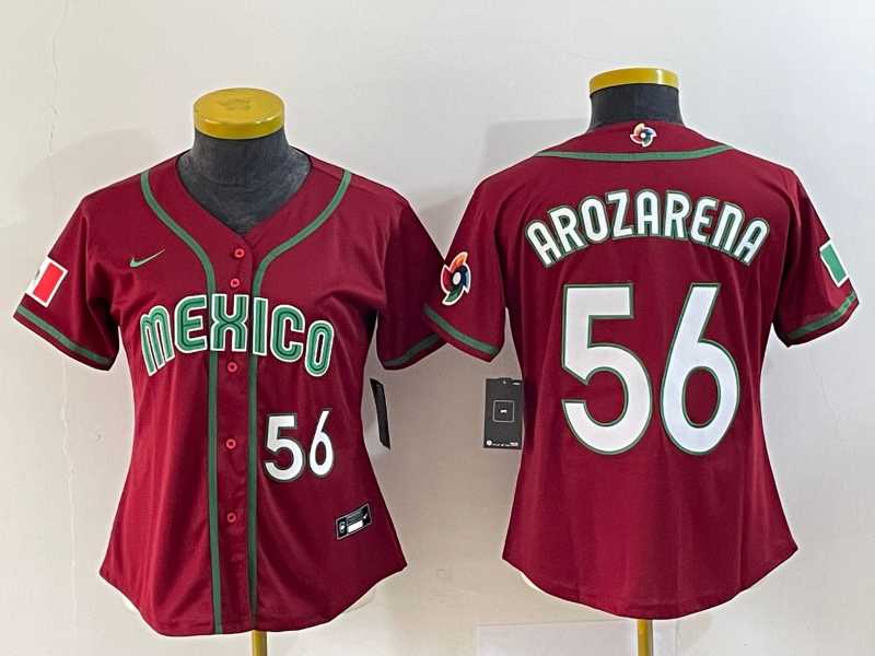 Women's Mexico Baseball #56 Randy Arozarena Number 2023 Red World Classic Stitched Jersey